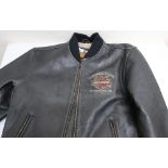 Harley-Davidson black leather bomber style motorcycle jacket, with zipped side pockets,