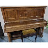 Walnut cased upright piano, inlaid with boxwood and mother and pearl, by John Hoyland and Sons