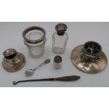 Hallmarked silver ink well, Birmingham 1915, a silver capstan ink well with inlaid tortoiseshell