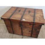 Indian metal bound hard wood trunk, with hinged lid and strap catch (80cm x 51cm x 52cm)