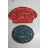 Two cast iron wagon plates for Repairs, Advice, Rotherham and Repaired by Ici-Ded 7 1966 (2)
