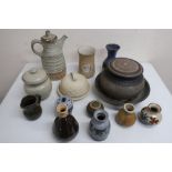 Studio pottery: 1970's Tremar coffee pot, Canterbury pottery vase by Richard Chapman, cheese dish