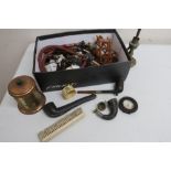Selection of 19th C and later pipes, folding rules , clay pipes, dolls head, various miscellaneous