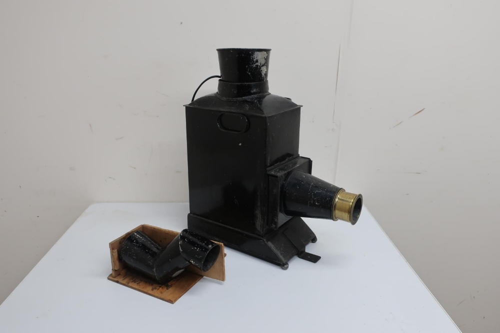 Magic lantern in black Jappaned case, brass lens, wooden slide carrier etc, now converted to