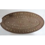 Large Victorian oval cast iron plaque erected for the Leeds New Gas Company J.O. March, Esquire,