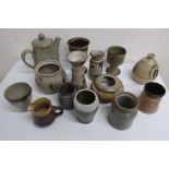 Studio pottery: stoneware including pot, goblet, decorated with a Celtic cross, Moffat vase etc (14)