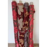 Selection of four rolls of various material, and upholstery fabric roll ends of various lengths