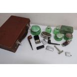 Green glass part dressing table set with enamel style chrome tops, alpine souvenir lighter, two