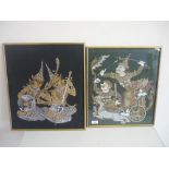 Two Thai paintings on silk, one of a pair of females and another of a pair of males on a chariot (2)