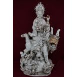 Large blanc-de-chine model of a deity on an exotic animal, with four smaller attendant figures on