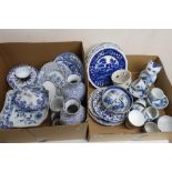 Collection of blue and white transfer printed ceramics, including Adam's hexagonal vases, vases,