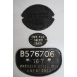 Three cast iron wagon plates, B576706, Due For Paint 1964, and BRM20T registered 1954 (28cm x