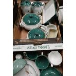 Collection of Denby Greenwheat table and dinner ware, including teapots, side plates, etc (2 boxes)