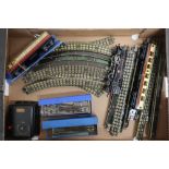 Hornby Dublo three rail with 264 locomotive 80054, two passenger coaches, controller, track etc in