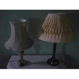 Two table lamps of modern classical design and a copper warming pan with turned handle
