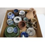 Studio pottery: Andrew Harding mug, two Asgarth pottery jugs, pottery marmalade jar and cover,