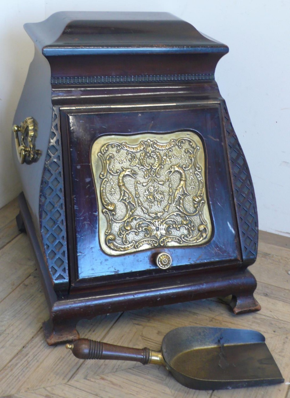 Unusual Victorian walnut caddy top coal box, slope fall front with an inset brass panel and two