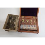 Set of brass and other weights in fitted mahogany case, and a collection of other various weights