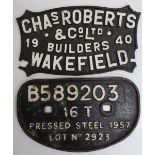 Two cast iron plates, Chas Roberts & Co Ltd, Wakefield, and B589203 (2)