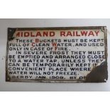 Midland railway enamel fire bucket instruction sign, dated Derby January 1909