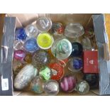 Extremely large collection of various assorted glass paperweights, studio glassware, etc in one box,