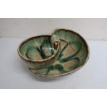 Unusual studio pottery oval bowl, with shaped handle (27cm x 24cm)