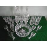 Set of six Stewart cut glass whisky tumblers, a ship's decanter, another decanter, other cut crystal