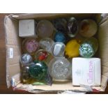 Extremely large collection of various assorted glass paperweights, studio glassware, etc in one box,