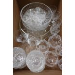 Crystal and other glass wine glasses, tumblers, cherry glasses, bowls, etc in three boxes