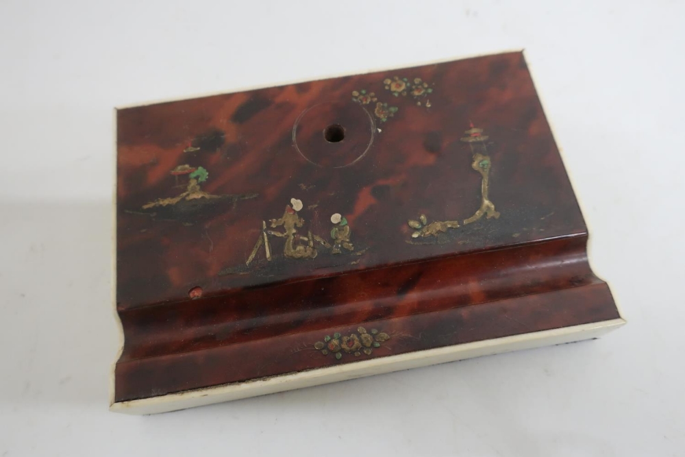 Early 20th C Chinese ivory tortoiseshell and lacquered pen rest (14.5cm x 10cm x 2cm)