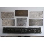 Cast alloy Humphreys & Glasgow sign (10cm x 61cm) and six polished metal Humphreys & Glasgow