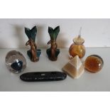 Pair of early 20th C painted Spelter vases, Victorian papier mache spectacle case with mother of