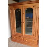 Modern pine double mirror door wardrobe with two drawer base (148cm x 62cm x 197cm)