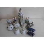 Nao figure of a young woman holding a vase, Lladro figure of a cat, Lladro figure of a duck, Royal