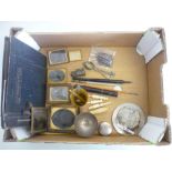 Six daguerreotype type photographs, EPNS pig vesta case, collection of pen nibs, horn beaker, pen