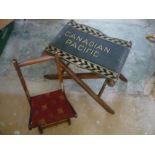 Early 20th C beech framed folding child's chair and a folding stool with "Canadian Pacific" carpet