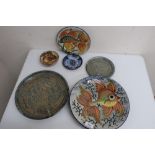 Studio pottery: shallow platter and a similar dish, three other dishes, and a small bowl, all