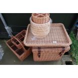 Large wickerwork picnic basket, bottle holder and other wicker ware (6)