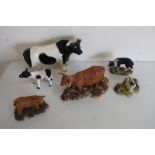 Teviotdale Highland Cow & Calf, dog and two lambs, some with boxes and a ceramic model of a friesian