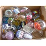 Extremely large collection of various assorted glass paperweights, studio glassware, etc in one box,