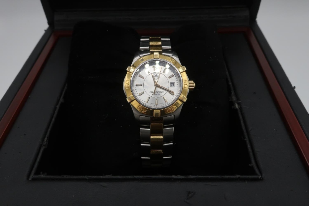 Ladies Tag Heuer Aquaracer 300 bi-metal quartz wrist watch, with baton numerals and date, on