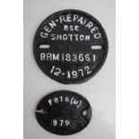Two cast iron wagon plates, Gen-Repairs BRN183661 and FBT6 (M) 979 (2)