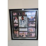 Sir Roger George Moore KBE signed photo from Moonraker, within a fourteen image montage, framed,