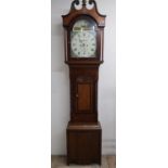 19th C mahogany long cased clock, painted roman dial, fan carved detail, bracket feet, eight day