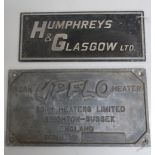 Cast alloy rectangular name plate, Humphreys & Glasgow Ltd (36cm x 15cm) and another Born Upflo