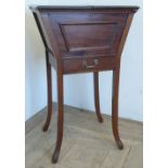 Edwardian mahogany sewing box with twin hinged top and molded front above a fitted drawer, on square