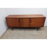 Meredew teak bow front sideboard, four central drawers enclosed by two cupboard doors (170cm x 47cm