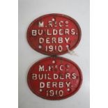 Two M Midland railway oval wagon plates, M. RvCo Builders Derby 1910 (13cm x 10cm) (2)