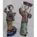 Pair of Japanese models of female dancers, with colourful enameled traditional dress (height