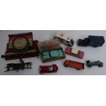 Tri-ang Minic clockwork tinplate Ambulance, and LNER parcel van, Japanese friction powered